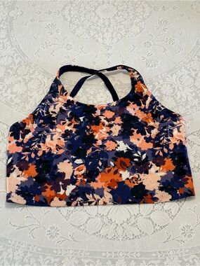 Old Navy Powersoft Floral Longline Sports Bra Crop Top XL Navy Orange Crossback